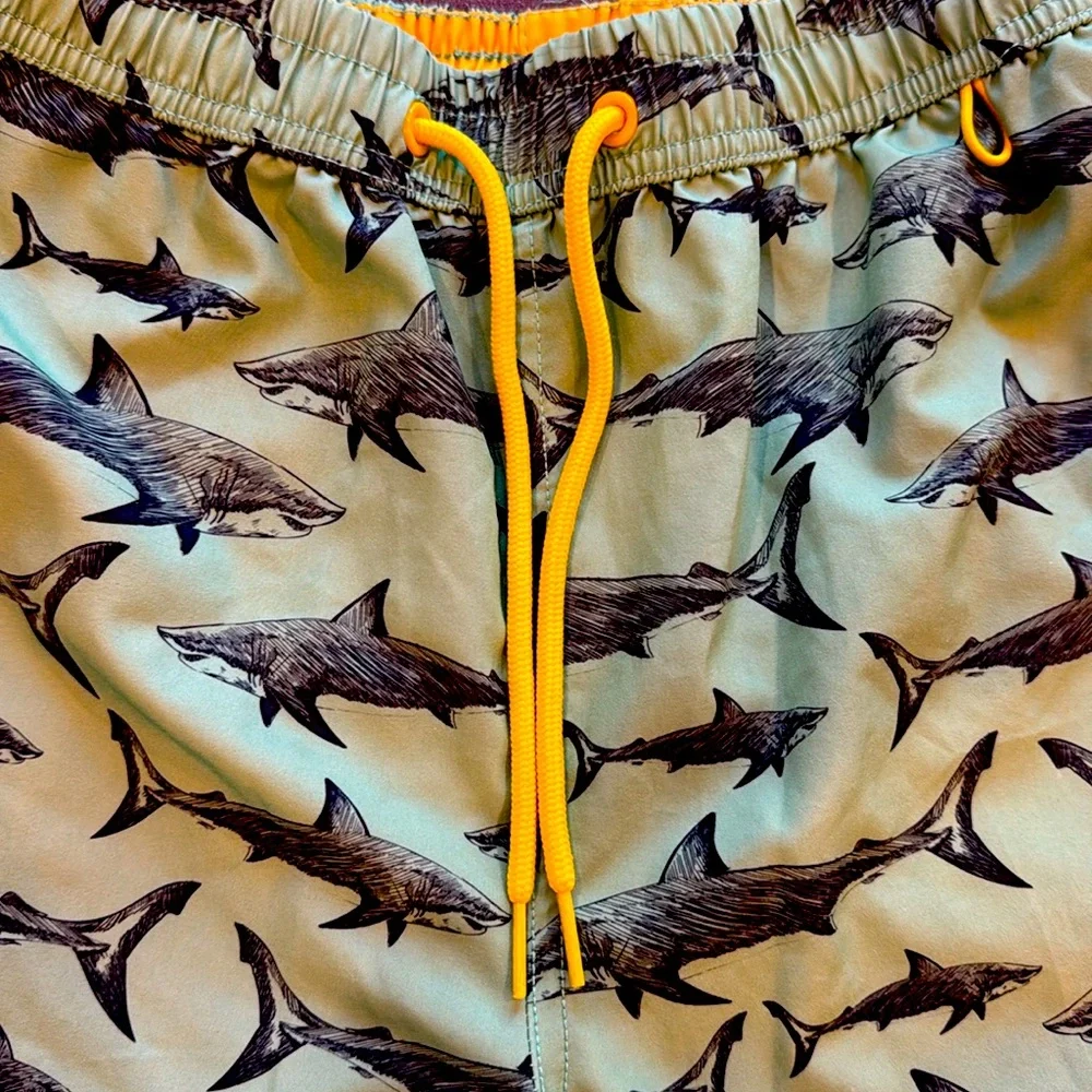 Banana Boat Shark Print Boys Swim Trunks Shorts Green Size Large Lined Pockets